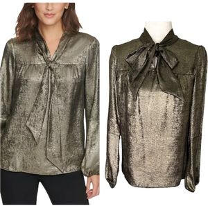 NWT DKNY Metallic Gold Tie Neck Pussycat Blouse - XS